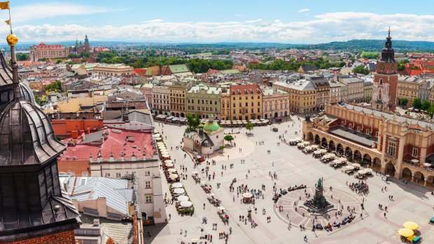 Rynek Glowny, in Krakow, Poland, is the world's largest medieval marketplace – a lively area surrounded by historic buildings.