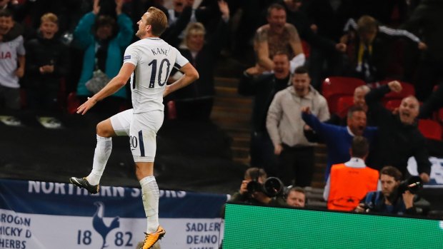 Tottenham's Harry Kane celebrates after scoring his side third goal.