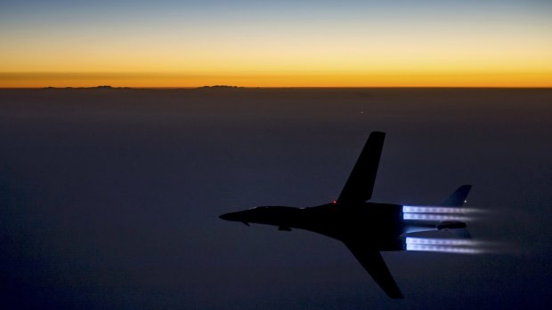 A US Air Force B-1B Lancer supersonic bomber flies over northern Iraq after conducting air strikes in Syria against IS targets.