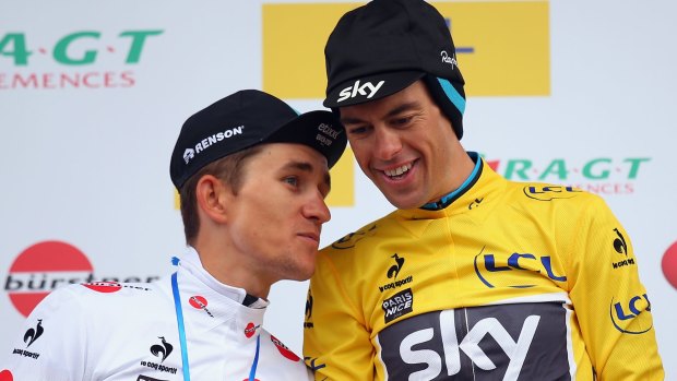 Team Sky's Australian rider Richie Porte, pictured here with Polish Etixx-Quick Step rider Michal Kwiatkowski on the Paris-Nice podium, claimed victory in the Tour of Catalonia on Sunday. 