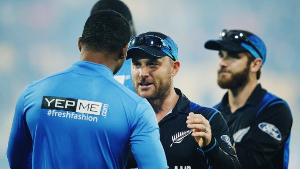 New Zealand captain Brendon McCullum is congratulated after victory over the West Indies on Saturday.