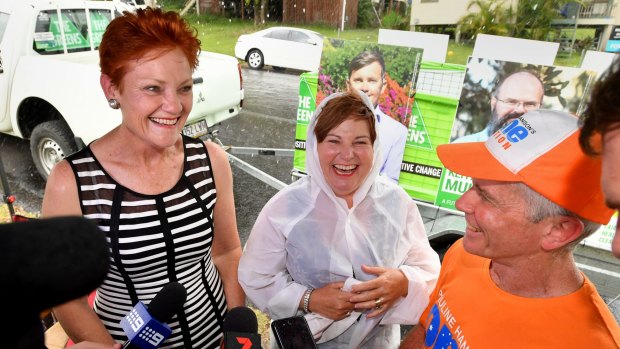 All smiles: One Nation leader senator Pauline Hanson, Labor member for Bundamba, Jo-Ann Miller and One Nation state candidate Malcolm Roberts.