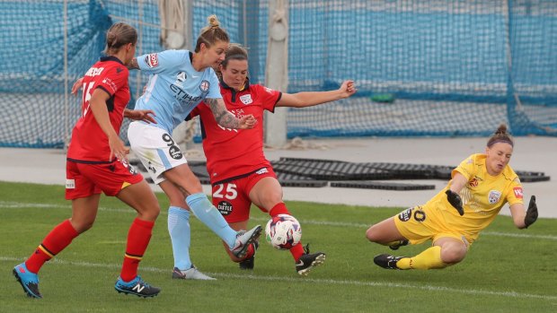 Blocking tackle: Melbourne's Larissa Crummer attempts a shot under pressure.