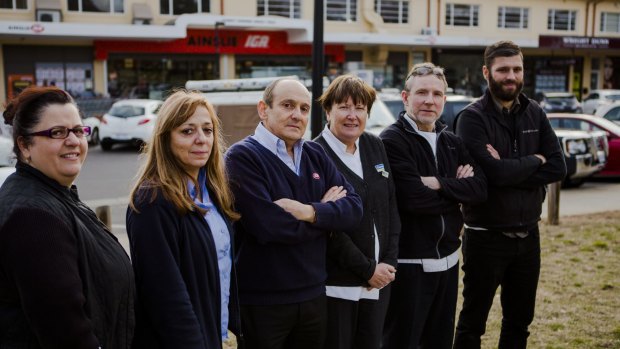 Business owners and managers at the Ainslie shops, from left, Niki Katsibiris, Irene Mihailakis, Manuel Xyrakis, Colette Needham, Bruno Paressant, and Keith Mihailakis.


