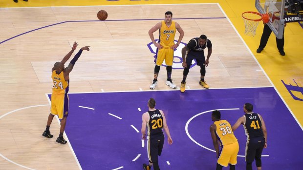 Parting shot: Los Angeles Lakers legend lines-up a final free throw.