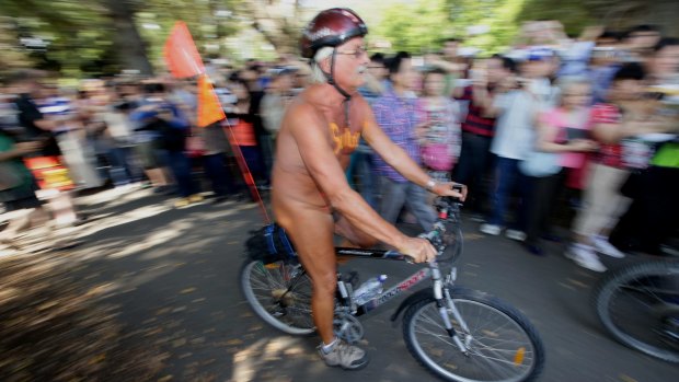 Crowds at Edinburgh Gardens for 2013's World Naked Bike Ride Day.