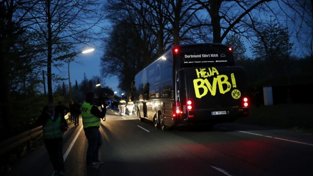 The team bus of the Borussia Dortmund football club seen after the bus was damaged in an explosion.