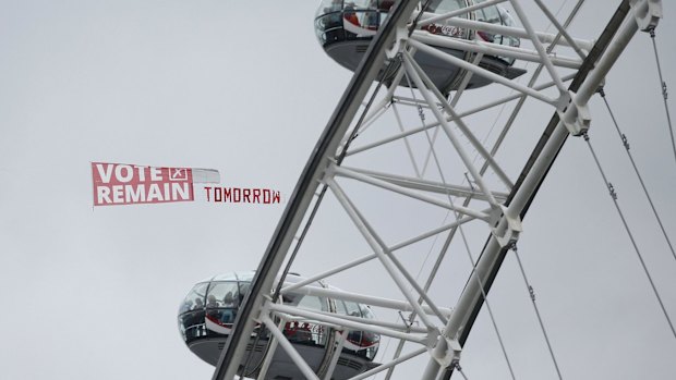 A pro-EU banner being towed across London on Wednesday.