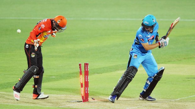 Adelaide Strikers' skipper Johan Botha is bowled by Ashton Agar (not in picture). He was seventh out, with the score at 92, as the Strikers' innings unravelled.