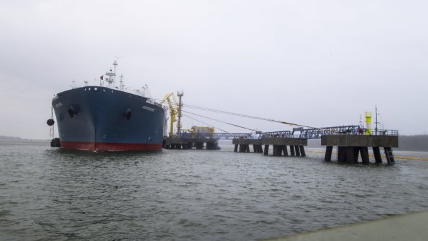 The floating gas storage ship Independence is anchored off the shore of Klaipeda, Lithuania. The floating gas terminal has protected thousands of Lithuanians from the risk of sudden supply cut-off from Russia.