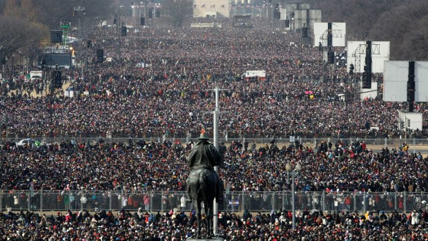 Crowds fill the National Mall in Washington, DC, ahead of the inauguration of Barack Obama - sorry, we mean Donald Trump! - as the 44th President of the United States of America - oops, we mean the 45th President!. Why can't we get the facts right?
