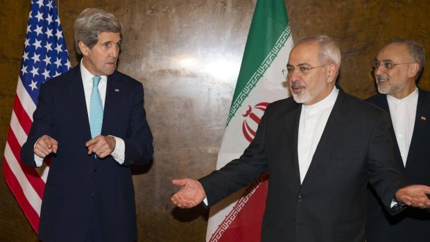 US Secretary of State John Kerry (left) and Iran's Foreign Minister Mohammad Jawad Zarif (centre) resume nuclear negotiations in Montreux. Zarif dismissed the Republican letter as 'propaganda'.
