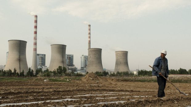 A farmer works in a corn field near the Shantou coal power plant in Shuozhou, China, in April 2014. 