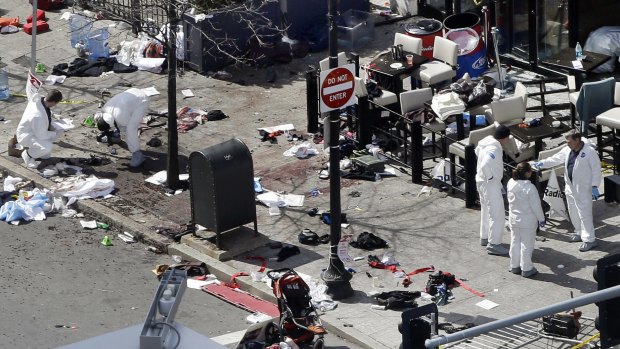 The aftermath of the Boston Marathon bombing scene. 
