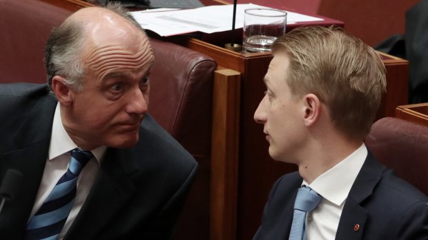Senator Eric Abetz and Senator James Paterson, pictured on Tuesday, have supported a bill that would allow parents to pull their children out of class if they are being taught about same-sex relationships.