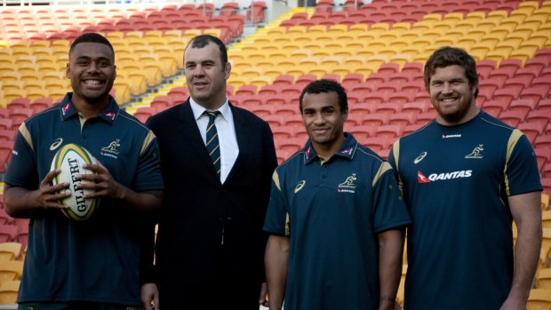 Teaming up: (From left) Samu Kerevi, coach Michael Cheika, Will Genia and Greg Holmes during the Australian Wallabies squad announcement on Thursday.