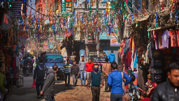 A busy shopping street in the Thamel district of Kathmandu.