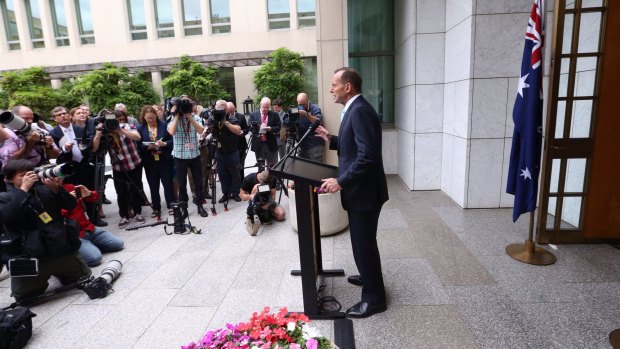 Prime Minister Tony Abbott during a press conference at Parliament House.
