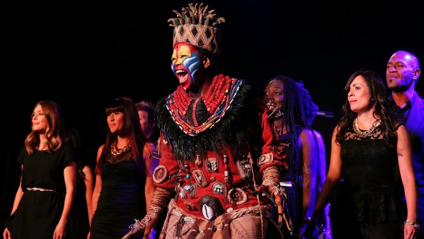 Performers from The Lion King sing on stage at the 10th anniversary celebration of The Million Dollar Lunch at the Park Hyatt.