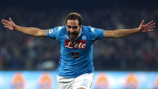 Napoli's Gonzalo Higuain celebrates after scoring a goal against Inter Milan.