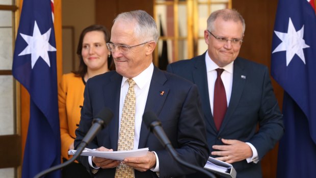 Prime Minister Malcolm Turnbull with Treasurer Scott Morrison and Kelly O'Dwyer, Minister for Small Business and Assistant Treasurer.