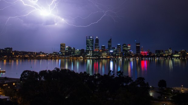 Perth storm over city skyline.