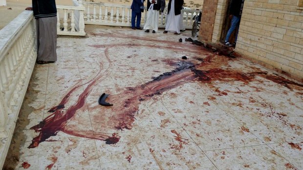 A blood trail on the veranda of al-Rawdah Mosque in Bir al-Abd northern Sinai after Friday's attack.