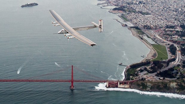 Solar Impulse 2 flies over the Golden Gate Bridge in San Francisco on Saturday.