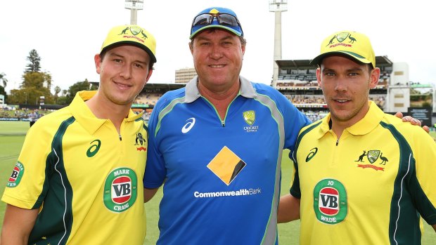 Pace cartel: Bruce Reid poses with debutants Joel Paris and Scott Boland before the ODI match between Australia and India at the WACA.
