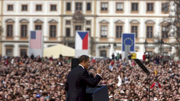 US President Barack Obama speaks at Hardcany Square in Prague in 2009, when he pledged in a landmark speech to take steps towards a nuclear-free world. 