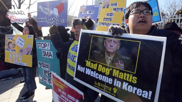 South Korean protesters stage a rally against the visiting US Defence Secretary James Mattis in Seoul earlier this month.
