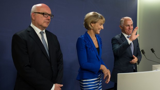 Prime Minister Malcolm Turnbull, Minister for Employment, Senator Michaelia Cash, and Attorney-General Senator George Brandis address the media after the release of the final report from the Royal Commission into Trade Union Governance and Corruption in Sydney.