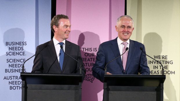 Minister for Industry, Innovation and Science Christopher Pyne and Prime Minister Malcolm Turnbull address the media after the announcement of the National Innovation and Science Agenda.