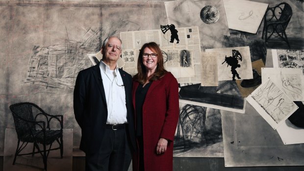 Artist William Kentridge with Naomi Milgrom, the exhibition's principal patron, in front of <i>Seven Fragments for Georges Melies: Day for Night and Journey to the Moon</I>.
