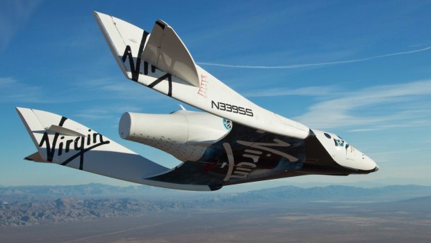 The Virgin Galactic SpaceShipTwo, flies over the Mojave Desert in California on a test flight.