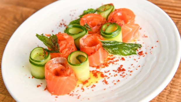 Sweet house-cured salmon is furled with lightly pickled cucumbers
