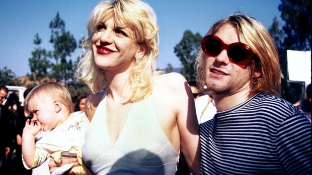 Kurt Cobain, Courtney Love and baby Frances Bean attending the 1993 MTV Music Video Awards in Los Angeles.
