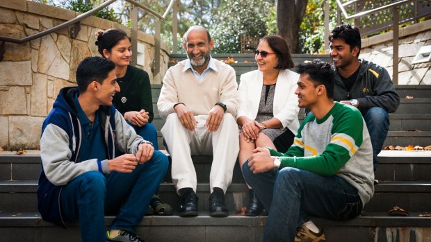 Professor Chennupati Jagadish with wife Vidya and students Bhagyashree Soni, Sameer Anil Sonar, Atish Kumar Awasthi and Abhilash Chakraborty who were funded by a Jagadish family endowment to study in Australia.