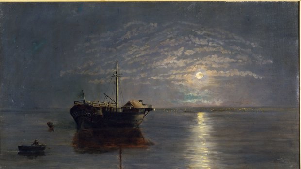 Moonlit scene, with the Prison Hulk Success, in Hobson's Bay by Carrie Victoria Dennis.
