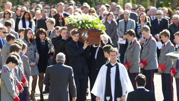 Thomas Kelly's family and friends gather for his funeral at The King's School Parramatta in 2012.