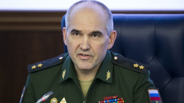 Lieutenant-General Sergei Rudskoi of the Russian Military General Staff, in Moscow last week.  Russia's defence ministry has confirmed its warplanes are supporting the offensive on Palmyra. 