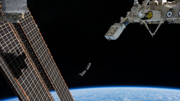 An artist's impression of the UNSW Ec0 mini-satellite launching from the International Space Station.