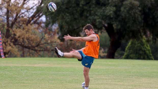Wallabies five-eighth Bernard Foley training on a smaller rugby field than normal on Monday in South Africa. 
