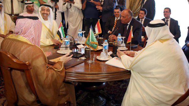 The foreign ministers of (from left) Saudi Arabia, the United Arab Emirates, Egypt and Bahrain meet in Cairo on Wednesday.