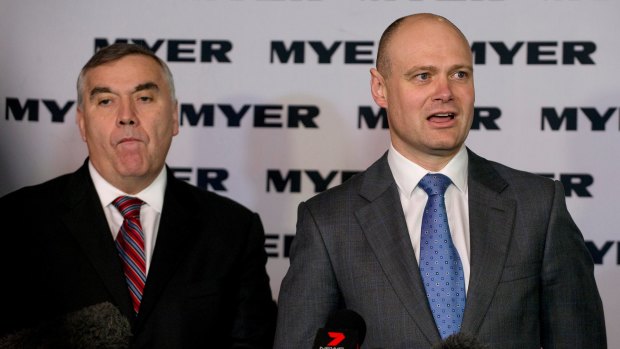 Former Myer chief Bernie Brookes (left) with his replacement CEO Richard Umbers.