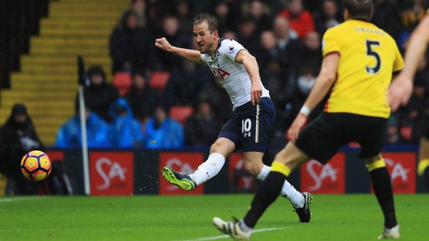Harry Kane scores his first goal for Spurs against Watford at Vicarage Road on Sunday.