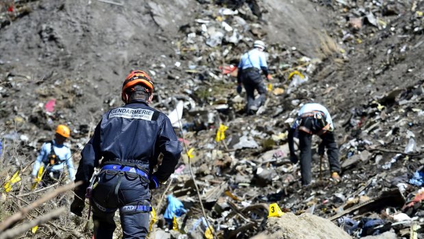 French emergency services at the crash site of the Germanwings jet in Seyne-les-Alpes in March.