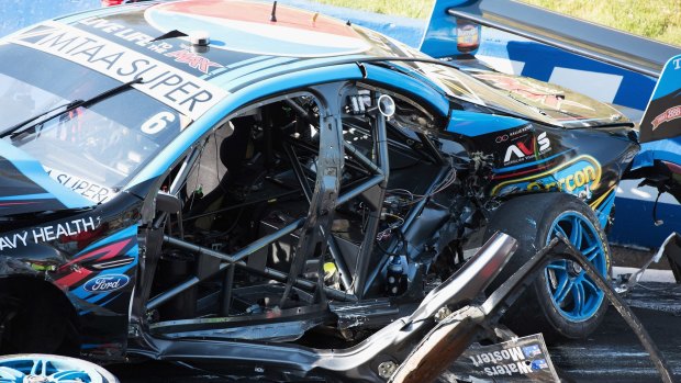 Crumpled heap: Chaz Mostert's car after he crashed out during Bathurst 1000 qualifying.