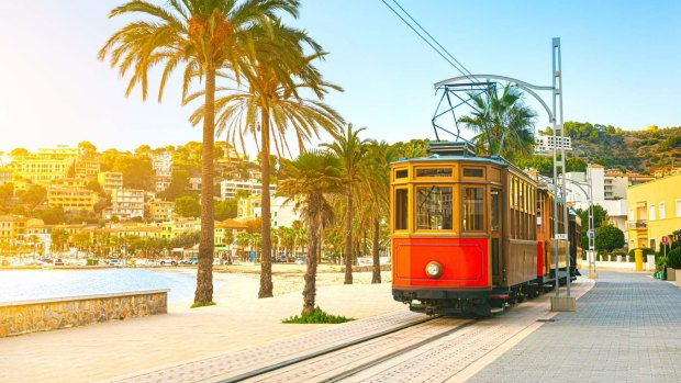 The famous orange tram runs from Soller to Port de Soller, Mallorca.
