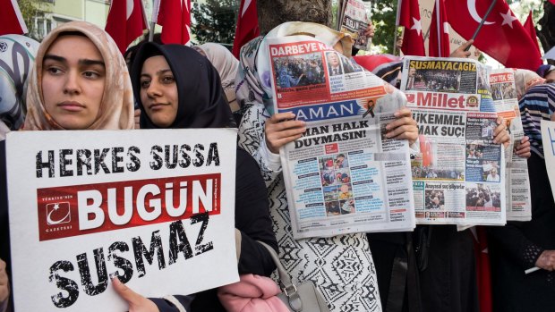 Supporters of the Koza-Ipek media group demonstrate for press freedom  in Istanbul, Turkey.